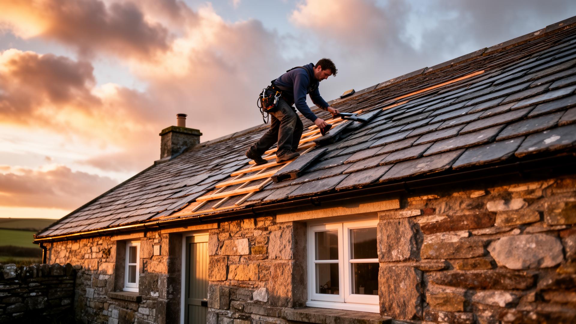 Roofer installing slate tiles on a Welsh stone house in Carmarthenshire